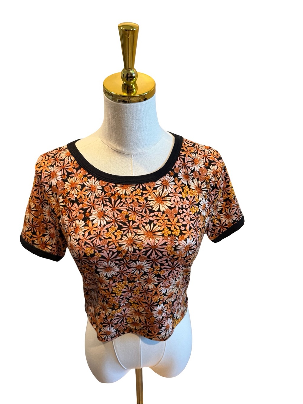 Heart Hips Orange Floral Crop Top with Black Trim